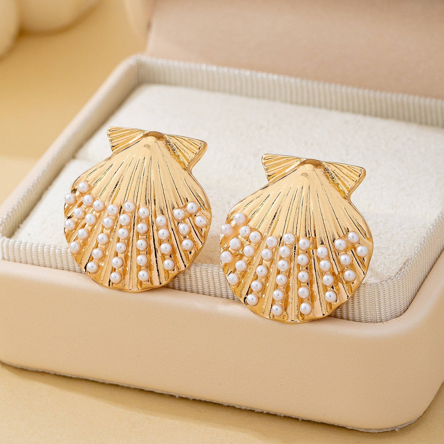Scalloped Shell Pearl Stud Earrings