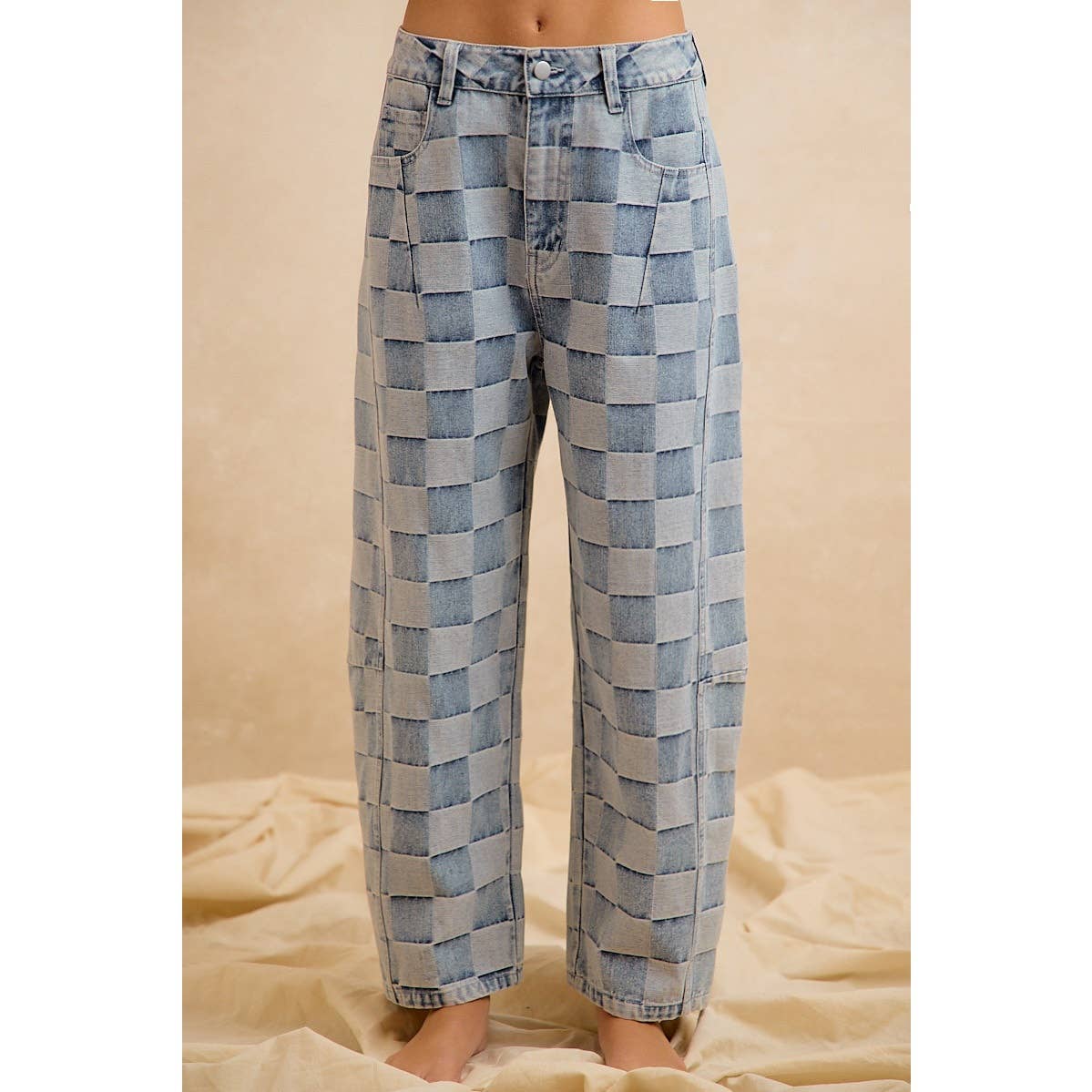 WASHED CHECKED BARREL JEANS
