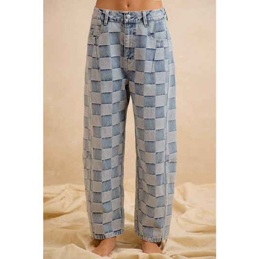 WASHED CHECKED BARREL JEANS