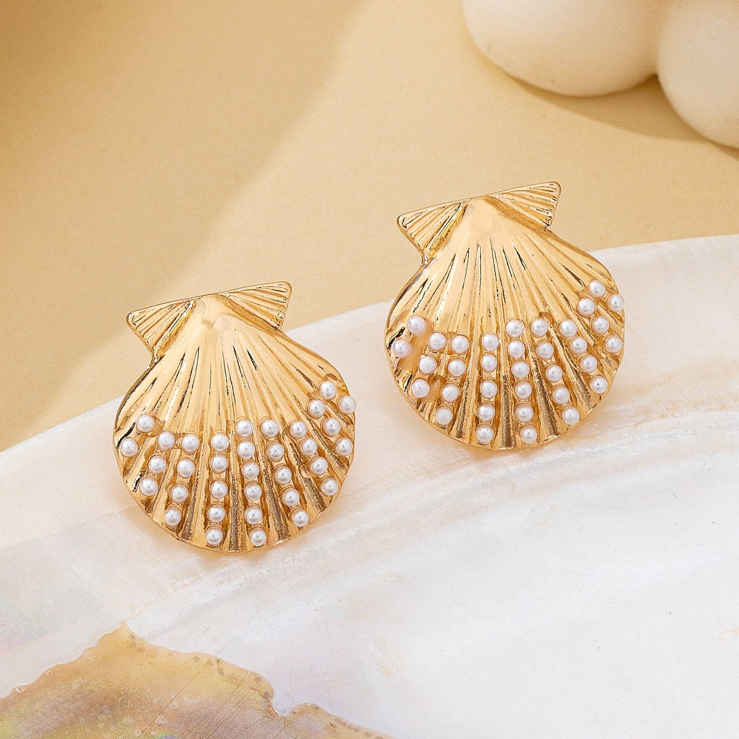 Scalloped Shell Pearl Stud Earrings